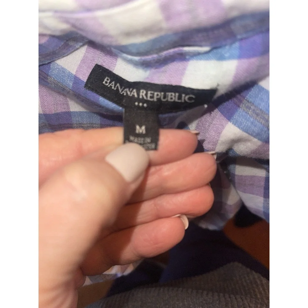 Banana Republic‎ Plaid Purple Blue Linen Cotton Mens Shirt Medium Roll Sleeve